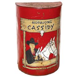 Hopalong Cassidy clothes hamper, orig red painted metal w/Hoppy & Topper transfer, half round w/hing