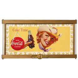Coca-Cola cowgirl litho on cdbd sign w/ranch brands in border, c.1955, comes in an orig gold wood fr