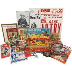 Gene Autry items (18), 2 Dude Ranch Games by Built-Rite, 4 song books, film, book, 2 paper guns, pam