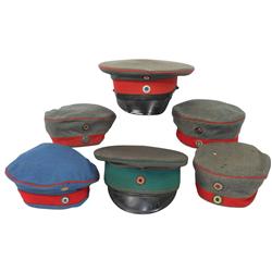 Military hats (6), Bavarian wartime infantry officer hat, Brunswick infantry E.M. (moth holes), Saxo