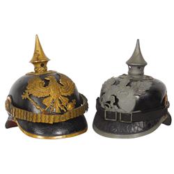 Militaria, 2 Prussian helmets, pre-1895 Prussian Line Officer, hat badge reads Koenig FR Mitt Gott F