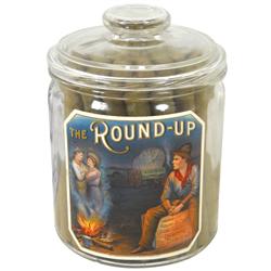 Western cigar jar, The Round-Up from Celestino Costello & Co., embossed glass jar w/colorful old pap