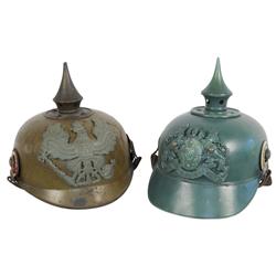Militaria, 2 WW I era Prussian helmets, 1917 "Ersatz" variant w/one-pc metal body, Prussian E.M.& "E