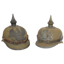Militaria, 2 WW I era Prussian infantry helmets, pressed felt w/metal badges that read In Treue Test