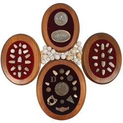 Civil War dug artifacts, 4 framed displays w/many relics, includes bullets, belt buckle, badges, but