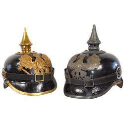 Militaria, 2 Prussian infantry helmets, wartime Prussian infantry w/badge that reads Mit Gott Fur Ko