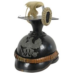 Militaria, WW I era Prussian helmet w/metal badge that reads Mit Gott Fur FR Koenig und Vaterland, R