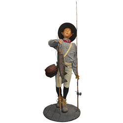 Mannequin, young boy fisherman, composition body, fully outfitted, complete w/creel & his catch of t