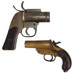 Flare guns (2), "CECV" U.S. marked, plastic grips, 4 1/8"bbl & Webley and Scott, brass frame & barre