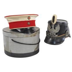 Militaria, (2) hats, WW I era Prussian Jaeger E.M. Shako hat & Prussian Garde DU Corps officer hat i