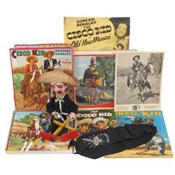 Cisco Kid items, includes string puppet, publicity program, lobby card, puzzle in box, comic, tie, b