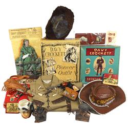 Davy Crockett items (15), figural clothes rack by Peg-Pal, sealed in header card pkg, Wallet by Top 