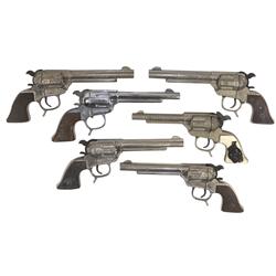 Toy cap guns (6), Buck'n Bronc by Geo. Schmidt Mfg, 3 different gun grip variations, VG to Exc cond.