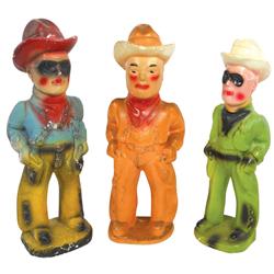 Carnival chalkware cowboy figures (3), Lone Ranger & Hopalong Cassidy, c.1930's-1940's era, Good to 