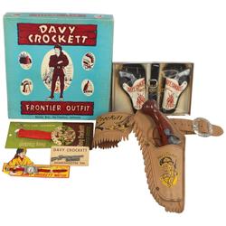 Davy Crockett items (6), bowie knife, watch & sharp shooter pin, Junior gun holster by Western Trial