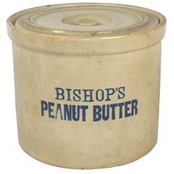 Stoneware advertising crock w/lid from Bishop's Peanut Butter, adv on both front & back, thumb-sized