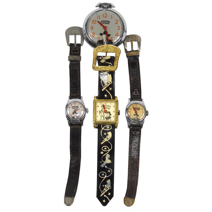 Hopalong Cassidy watches (4), includes 2" Dia pocket watch, play watch