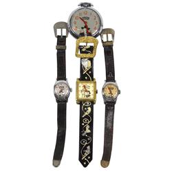 Hopalong Cassidy watches (4), includes 2" Dia pocket watch, play watch w/plastic gun band, Timex & U