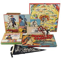 Hopalong Cassidy items (8), includes ear muffs, Ideal Hoppy & horse, 8mm film, crayon & stencil set,