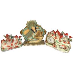 Dutch Mill metal thermometer, Indian girl w/drum & metal farm clock, c.1940's-1950's, Good to VG con