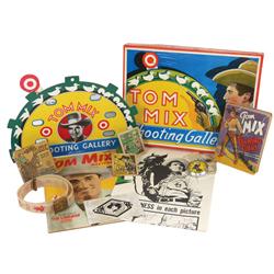 Tom Mix items (11), Shooting Gallery by Parker Brothers, pocket watch, belt by Ralston, 16mm film, R