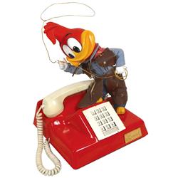 Woody Woodpecker prototype cowboy telephone, hard plastic push button phone w/hand-painted features 