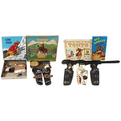 Toy cap gun & holster sets in boxes (4), Red Ranger outfit w/Ranger cap gun, mfgd by Wyandotte Toys,