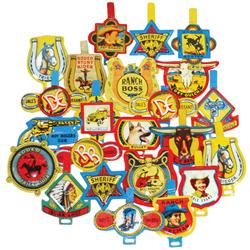 Roy Rogers Raisin Bran pinbacks (23), includes Indian Chief, Roy's boots, Double R Bar Rodeo, Dale E