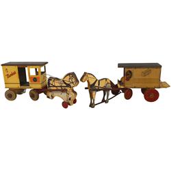 Toys (2), Borden's Milk Wagon & National Biscuit Co. horse-drawn delivery wagons, mfgd by Rich Toys-