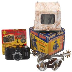Hopalong Cassidy items (3), TV, Bakelite by Automatic Toy Coin Box, camera by Glater Products & pr o
