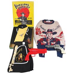 Hopalong Cassidy items (4), Zoomerang gun by Tiqrett, Wyandotte cast metal cap gun, sweater by Ameri