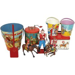 Vintage tin toys (8), Dolly's Laundry by Art Co., large Western Rodeo sand pail by US Metal Toy, J. 