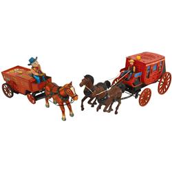 Western toys, battery operated Overland Express Stagecoach by Yone-Japan, 6.25" x 16" & Cowboy w/hor