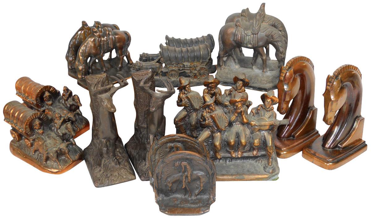 Western bookends (8 pr), wagons, cowboys, horses, bucks, End of the