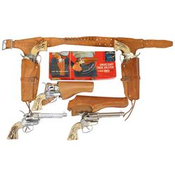 Toy cap guns (5), Mattel Fanners, one Swivelshot Trick Holster & cap gun, 2 Fanners w/orig double ho