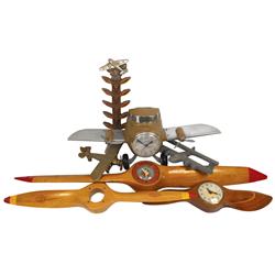 Vintage airplane items, Sessions self starter, missing one propeller, wooden airplane tie rack, Spir