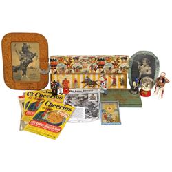 Toy Western lead figures, includes some MIB, Gene Autry Wrigley Gum display card, clothing display c