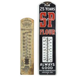 Advertising thermometers, wood, Dr. Daniels Veterinary Medicines & Sweet and Pure Flour porcelain th