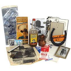 Hopalong Cassidy items, includes picture frame, drinking straws, Bar 20 brass ring premium, ice crea