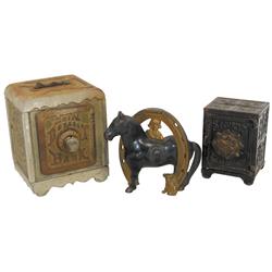 Toy still banks (3), all cast iron, Buster Brown & Tige w/horse in Good Luck Horse Shoe, Security Sa