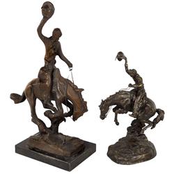 Western bronze statues (2), both cowboys on broncs, one is artist signed Kqudo, 15"H x 9.5"W & other