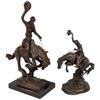 Image 1 : Western bronze statues (2), both cowboys on broncs, one is artist signed Kqudo, 15"H x 9.5"W & other