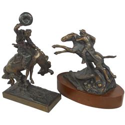 Western bronze statues (2), Paul Herzel cowboy on bronc, 11.5"H x 6.75"W & Avard Fairbanks c.1963, C