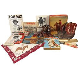 Tom Mix items (12), includes Tom Mix cowboy boots in box, boots show wear, small Tom Mix boots, VG c