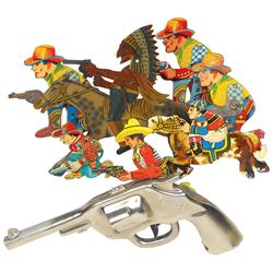 Western toy clicker guns, includes Wyandotte cowboy pistol, 4 shooting cowboys, jockey on horse & sh
