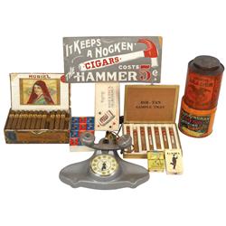 Vintage smoking items (9), advertising tins, matches, boxes, cigarette packs, cigarette lighter phon