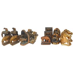 Western bookends (8 pr), all cowboys & horses, all cast metal-one gold plated, all Good to Exc cond.