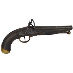 Handgun, Flintlock, 69 cal, martial type pistol, brass buttcap & trigger guard, missing barrel band,