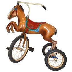 Horse tricycle, metal horse body, spoke wheels & rubber tires, orig paint w/area of re-paint on fore