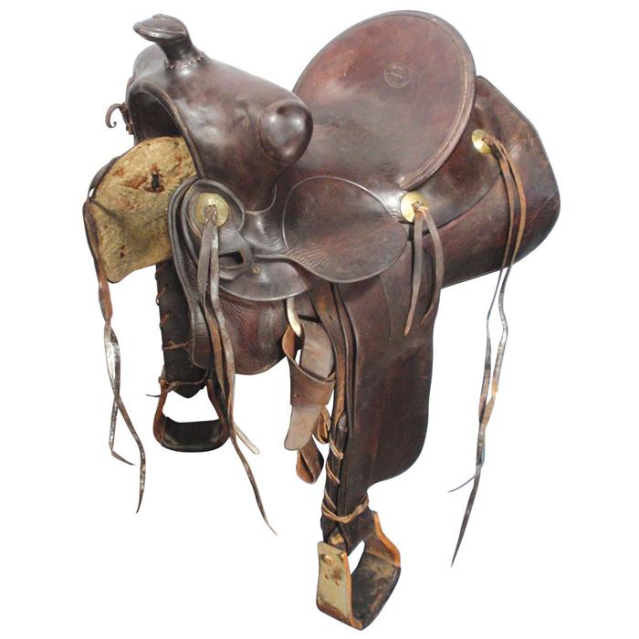 Saddle, Duhamel high back saddle, Rapid City, SD, brown leather w/14" seat, c.18751920s, VG cond.